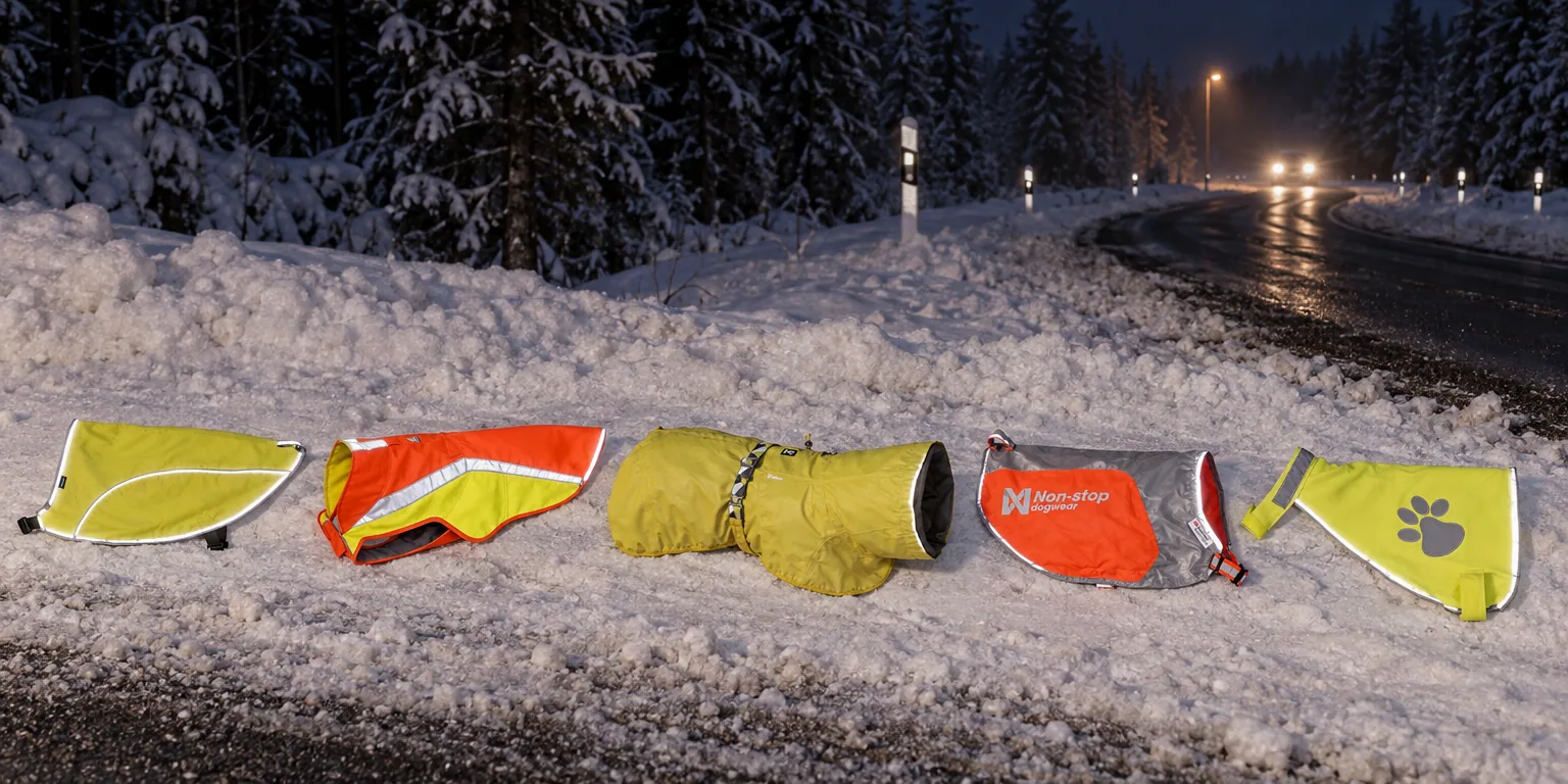 Testvinnarna från testet av reflexväst hund: Dogman Rex Reflective Vest, Ruffwear Lumenglow Hi-Vis Jacket, Hurtta Mudventure Reflective Coat, Non-stop dogwear Reflection Blanket, Trixie Safety Vest
