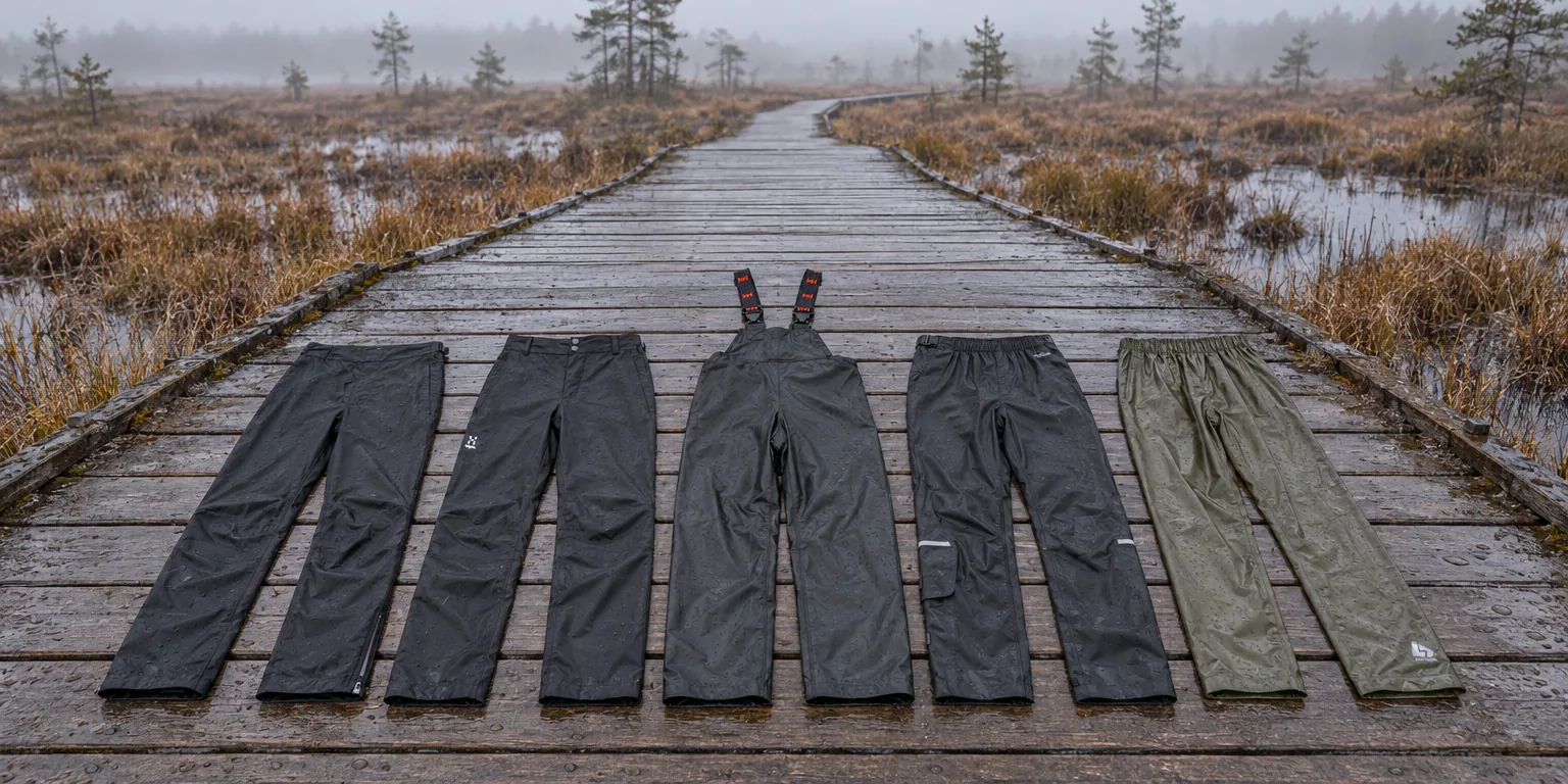 Testvinnarna från testet av regnbyxor: Rab Downpour Pants, Haglöfs Astral GTX II Pant, Helly Hansen Gale Rain Bib, GripGrab EXPLR Lightweight Pants, L.Brador 930PU