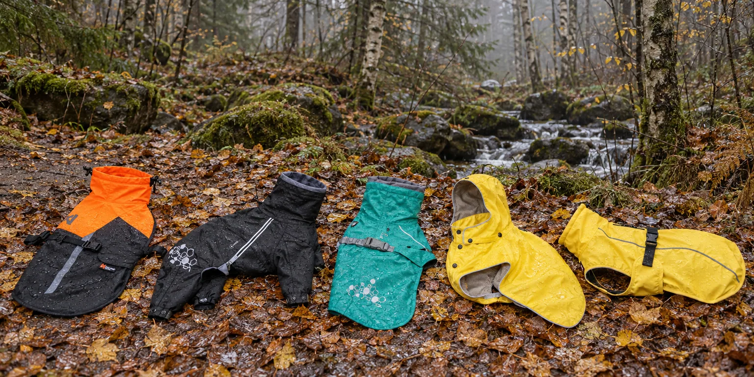 Testvinnarna från testet av regnjacka hund: Non-stop dogwear Fjord Raincoat 2.0, Hurtta Mudventure Overall ECO, Hurtta Monsoon Coat II ECO, Rukka Stream, Trixie Vimy