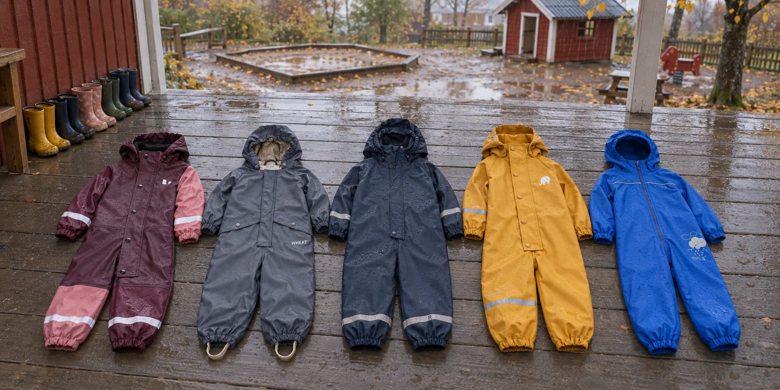 Testvinnarna från testet av regnoverall: Lindberg Fagerhult Rain Baby Overall Fleece, Wheat Aiko Thermo Rainsuit, Reima Rapakko, CeLaVi Rainwear Suit PU, Regatta Puddle IV