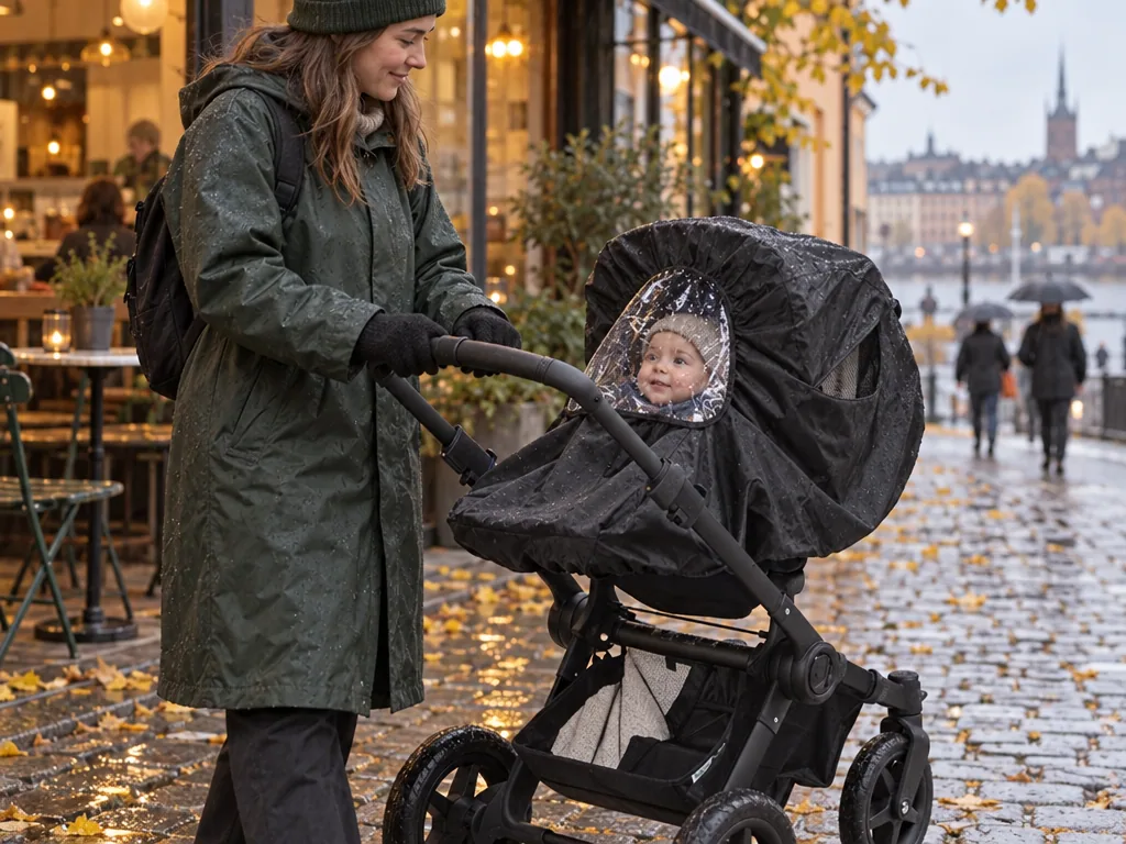 Användning regnskydd barnvagn: Elodie Details Regnskydd Brilliant Black i vardagen