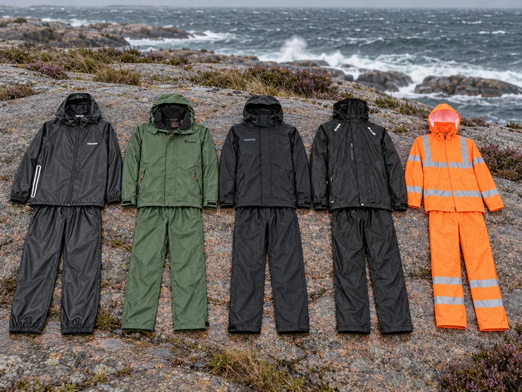 Olika sorters regnställ: de fem testade modellerna sida vid sida