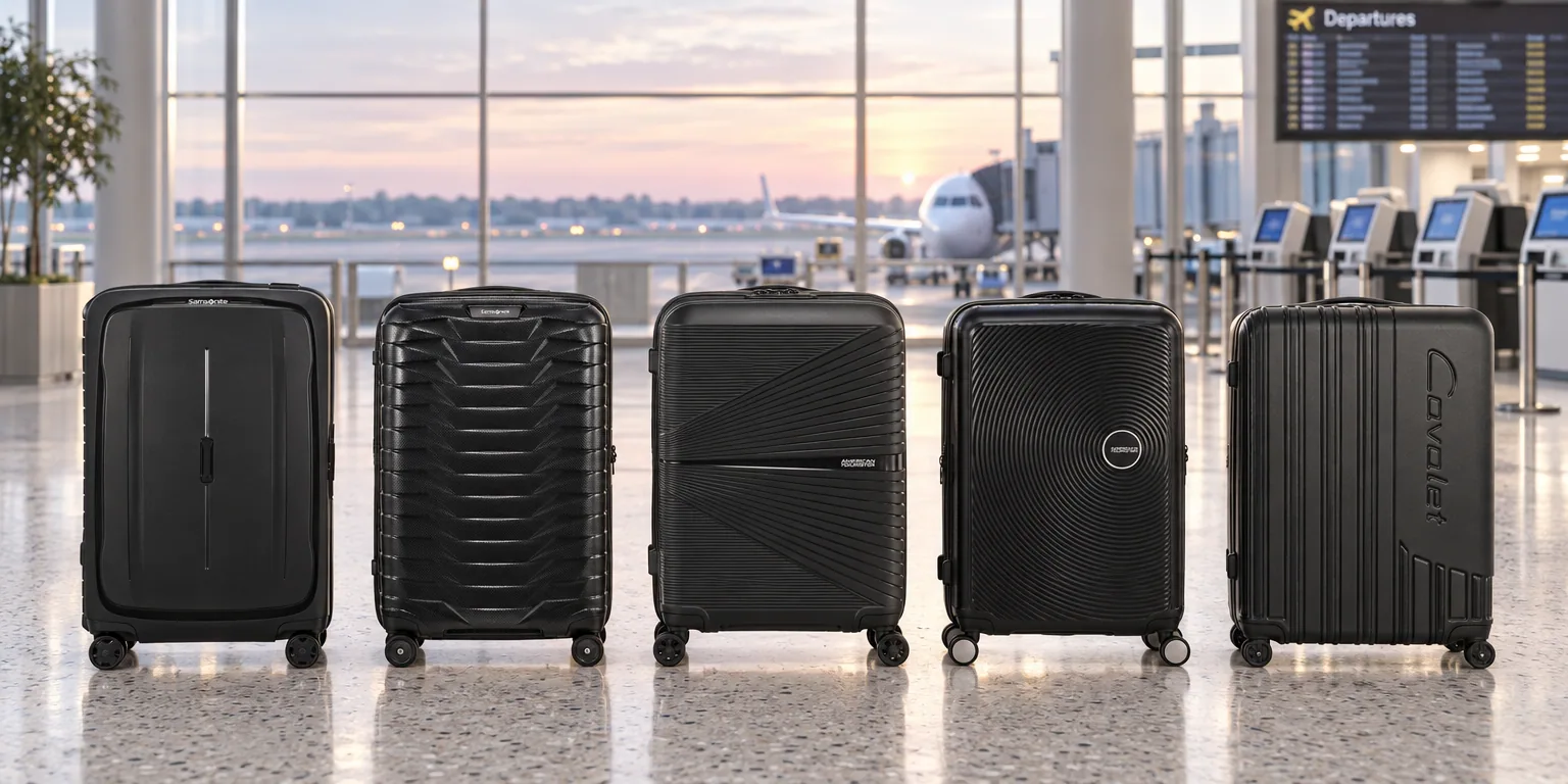 Testvinnarna från testet av resväska: Samsonite Essens 69 cm, Samsonite Proxis 75 cm, American Tourister Airconic 55 cm, American Tourister SoundBox 67 cm, Cavalet Malibu 73 cm