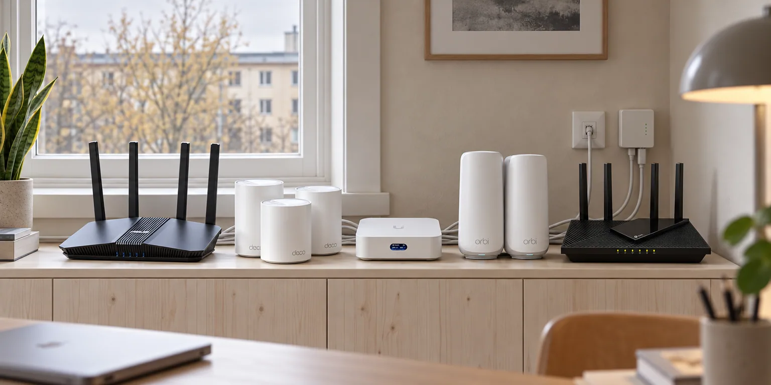 Testvinnarna från testet av router: ASUS RT-BE58U, TP-Link Deco X50 (3-pack), Ubiquiti UniFi Express 7, Netgear Orbi 370 (2-pack), TP-Link Archer AX55