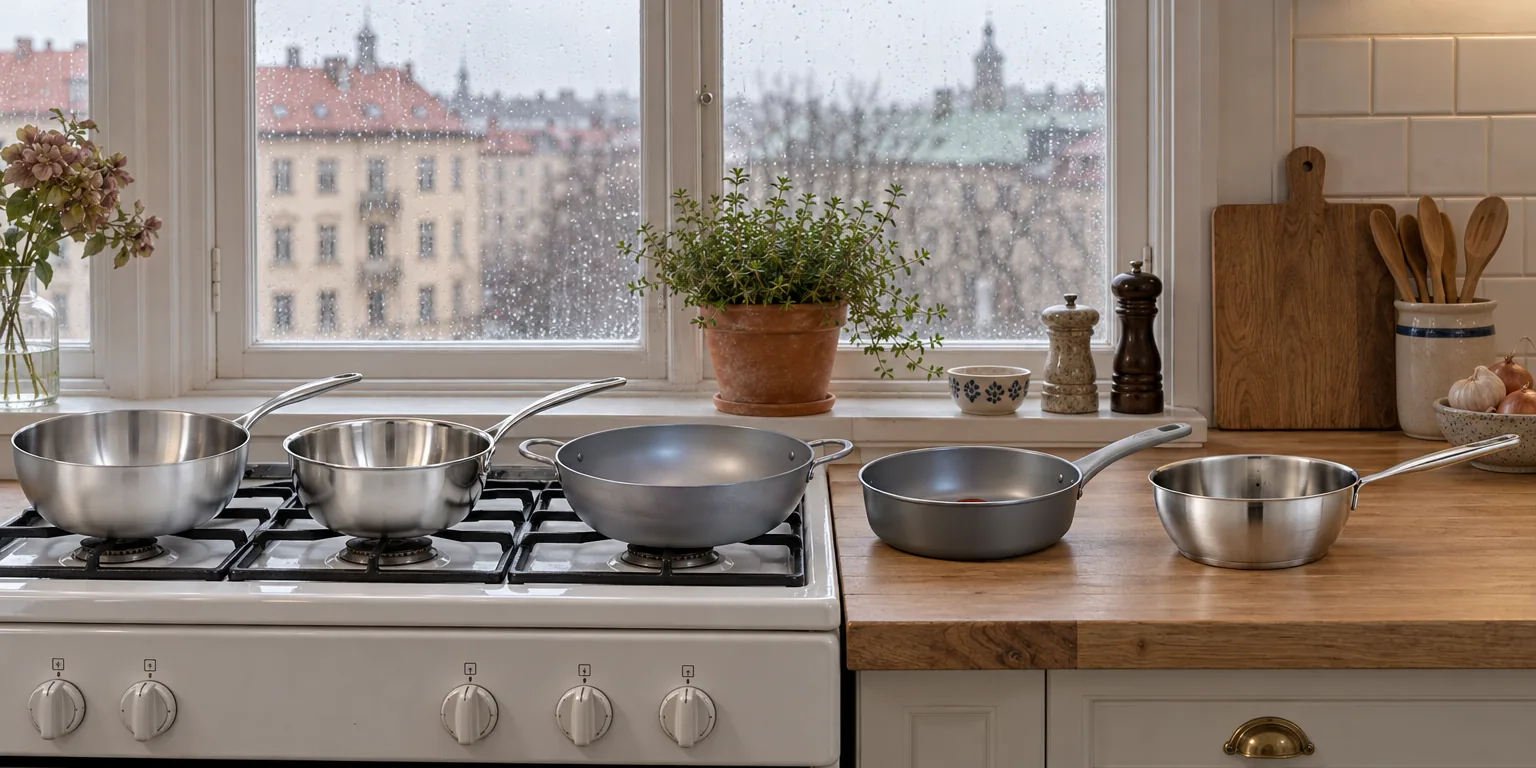 Testvinnarna från testet av sauteuse: Culimat Mathias Dahlgren 5-Ply 20 cm, Demeyere Atlantis 7 Conical 24 cm, De Buyer Mineral B Element 24 cm, Tefal Renew On 24 cm med lock, Fiskars All Steel 20 cm