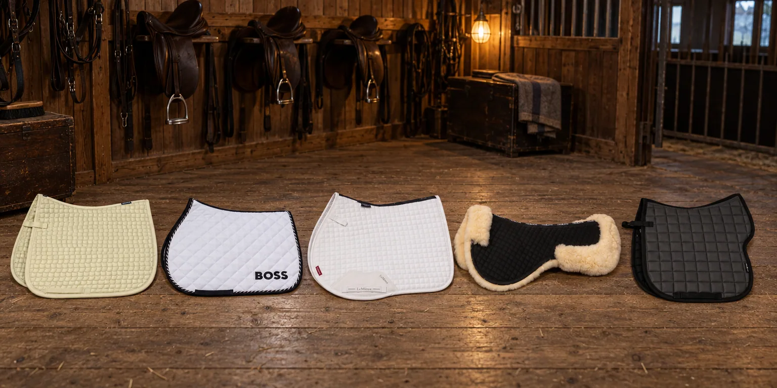 Testvinnarna från testet av schabrak: Eskadron Cotton Allroundschabrak, BOSS Equestrian Signature Dressyrschabrak, LeMieux Suede Close Contact Square, Horse Guard MediLamb Fårskinnspad, Horse Guard Alvi Islandsvojlock