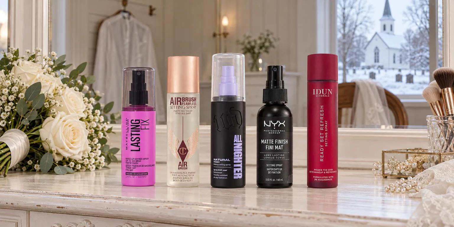 Testvinnarna från testet av setting spray: Maybelline Lasting Fix 100 ml, Charlotte Tilbury Airbrush Flawless 100 ml, Urban Decay All Nighter 118 ml, NYX Matte Finish 60 ml, Idun Minerals Ready Set Refresh 100 ml