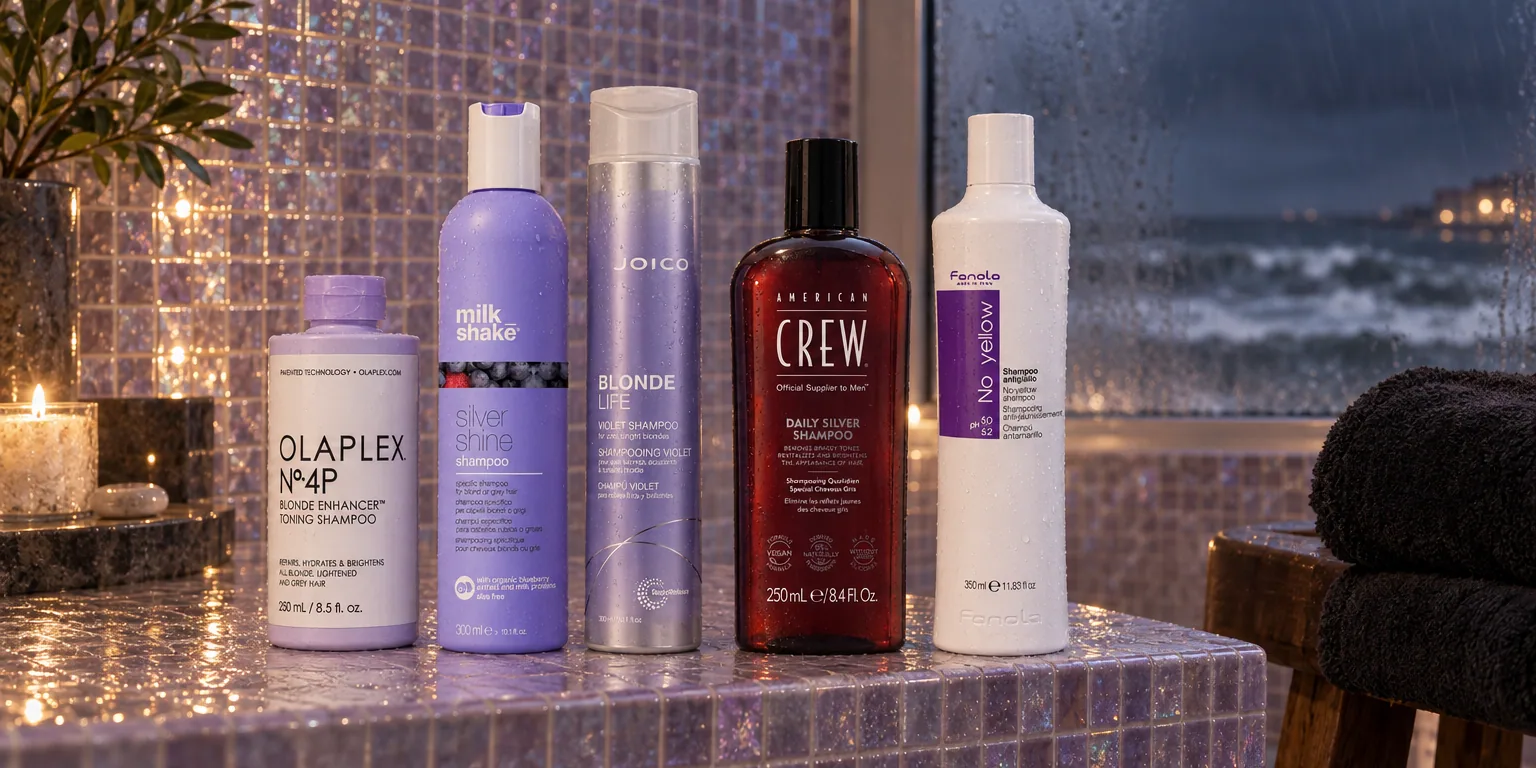Testvinnarna från testet av silverschampo: Olaplex No.4P Blonde Enhancer Toning Shampoo 250 ml, milk_shake Silver Shine Shampoo 300 ml, Joico Blonde Life Violet Shampoo 300 ml, American Crew Daily Silver Shampoo 250 ml, Fanola No Yellow Shampoo 350 ml
