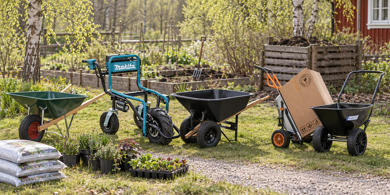 Testvinnarna från testet av skottkärra: Hörby Bruk Ekeby 110, Makita DCU180Z, Hyma Robust, Worx Aerocart WG050, Hörby Bruk Ekeby Täppan 1571