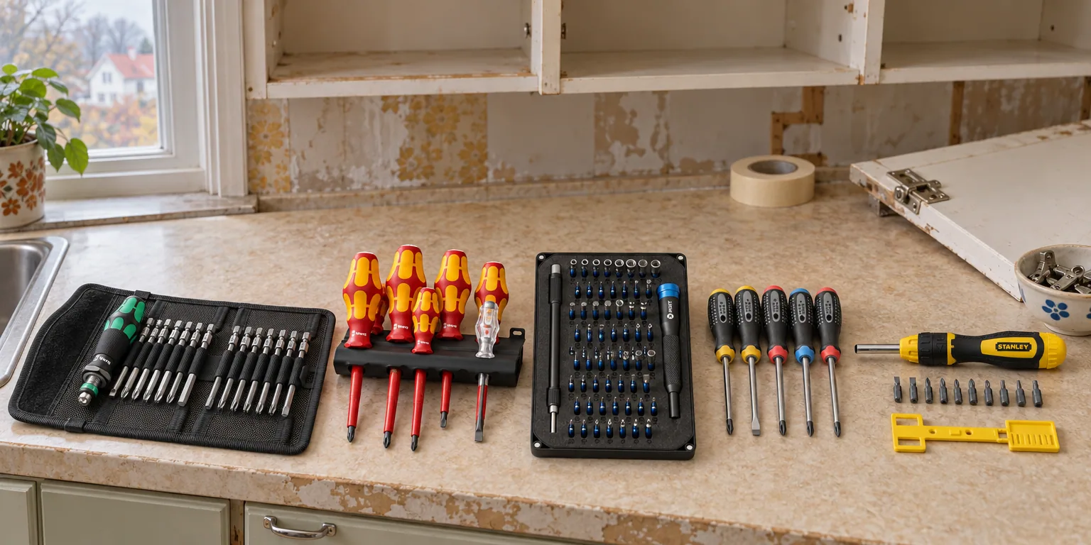 Testvinnarna från testet av skruvmejselsats: Wera Kraftform Kompakt 60, Wera Kraftform Plus 160 i/7 VDE, iFixit Mako 64 bitar, Bahco Ergo BE-9886, Stanley 0-68-010 Multibit