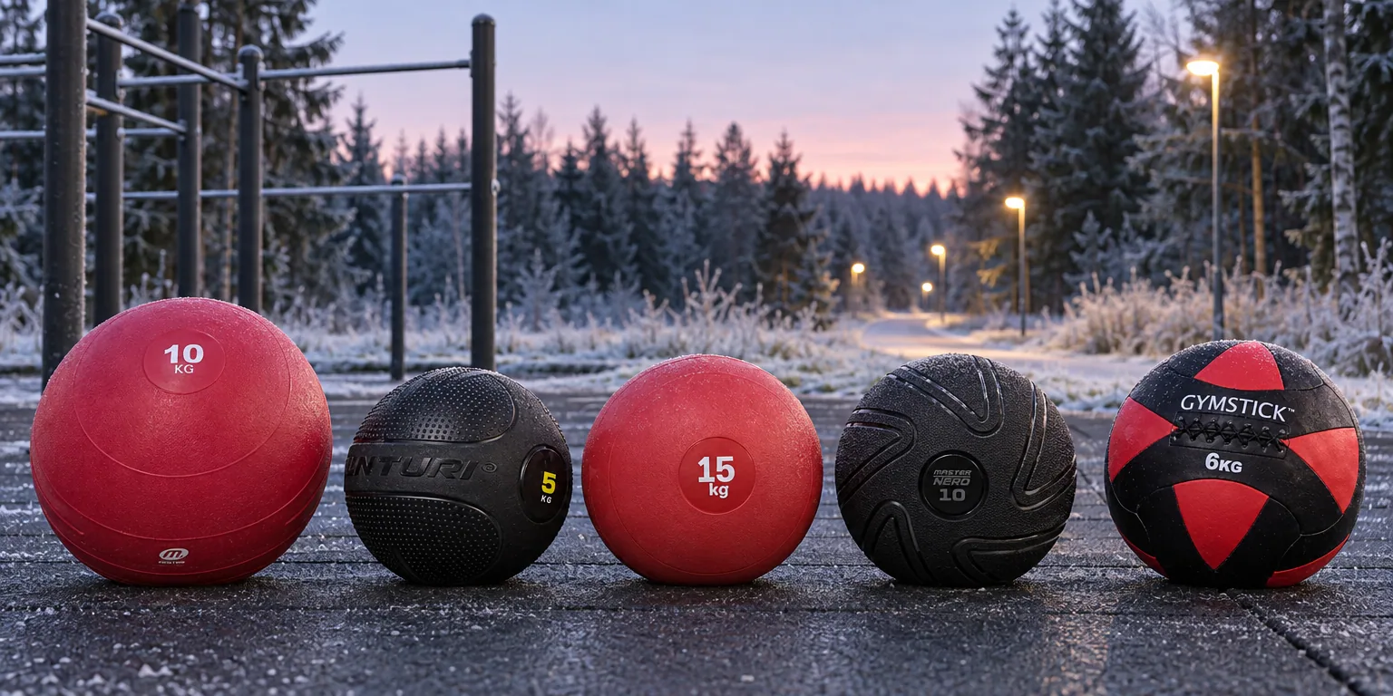 Testvinnarna från testet av slam ball: Master Fitness Slamball 10 kg, Tunturi Slam Ball 15 kg, Kraftmark Training Slamball 10 kg, Master Fitness Nero Slam Ball 10 kg, Gymstick Wall Ball 6 kg