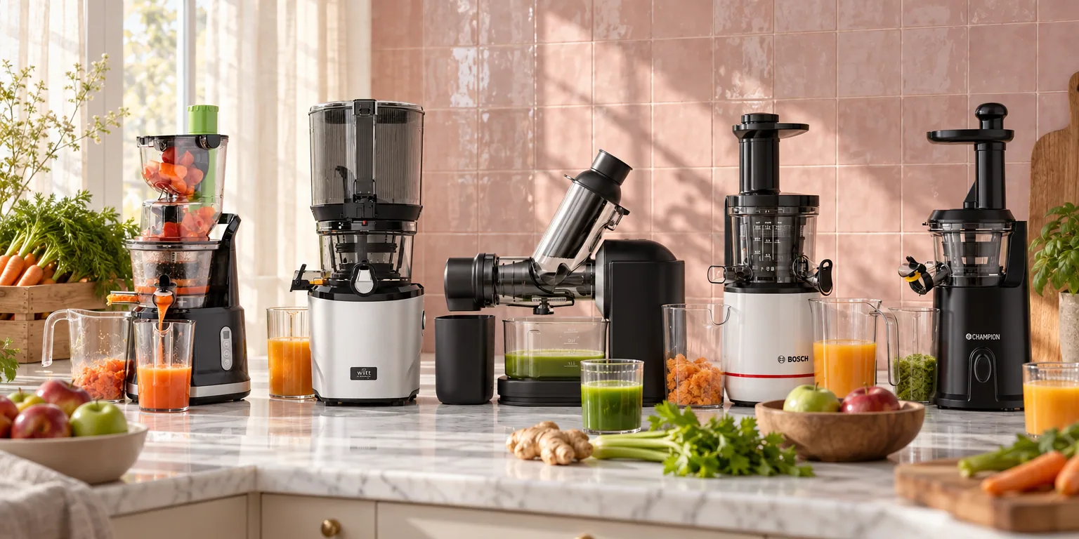 Testvinnarna från testet av slow juicer: Princess Easy Fill, Witt by Kuvings AUTO10, Philips Viva Collection HR1889/70, Bosch VitaExtract MESM500W, Champion SJ510
