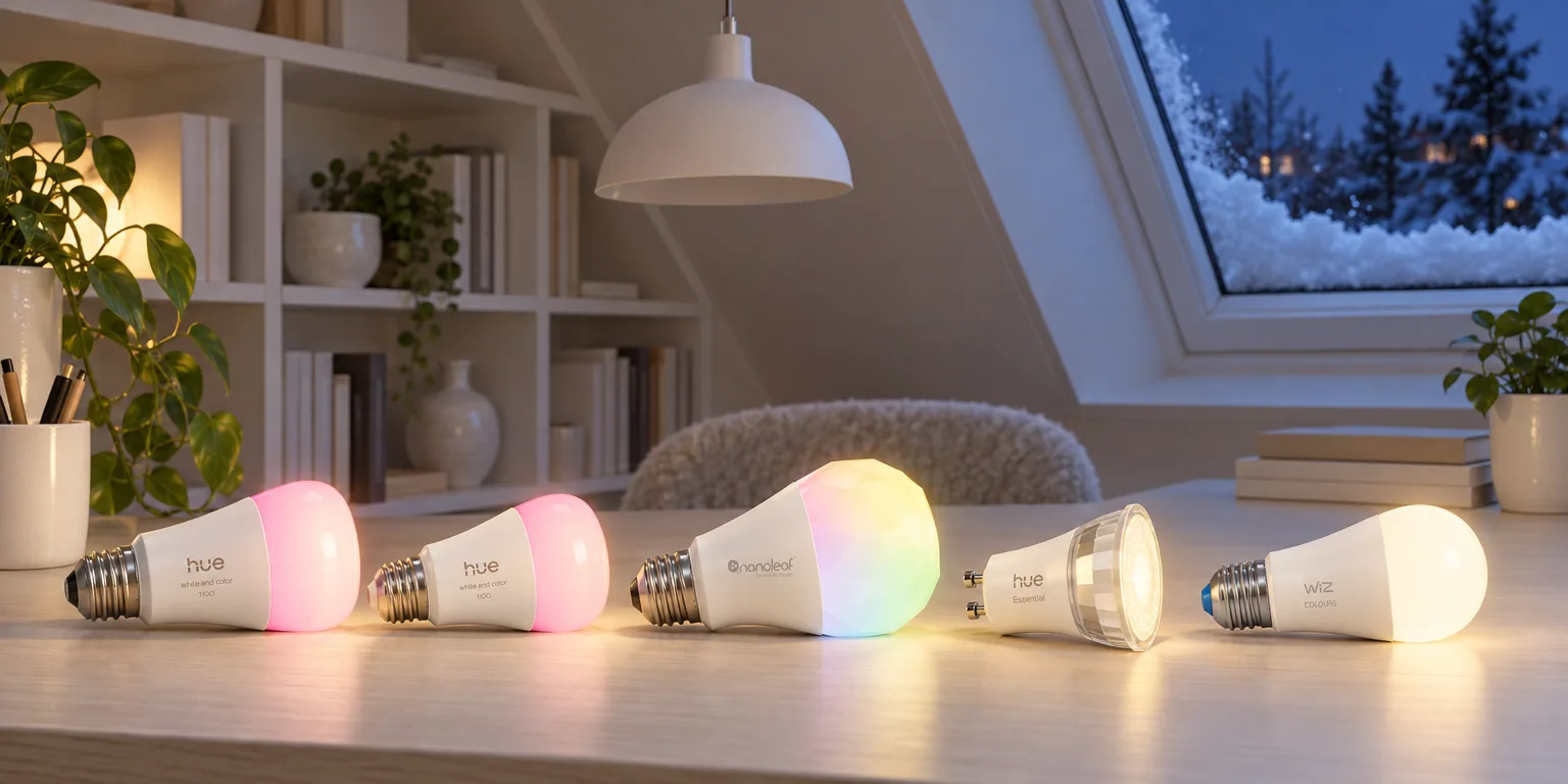 Testvinnarna från testet av smart lampa: Philips Hue White and Color Ambiance A60 E27 1100 lm 2-pack, Nanoleaf Essentials Matter E27, Philips Hue Essential GU10 3-pack, WiZ Color A60 E27, Shelly Multicolor Bulb E27 Gen3