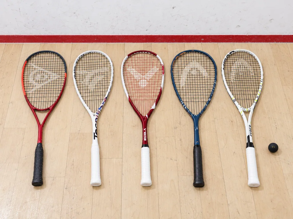 Olika sorters squashracket: de fem testade modellerna sida vid sida