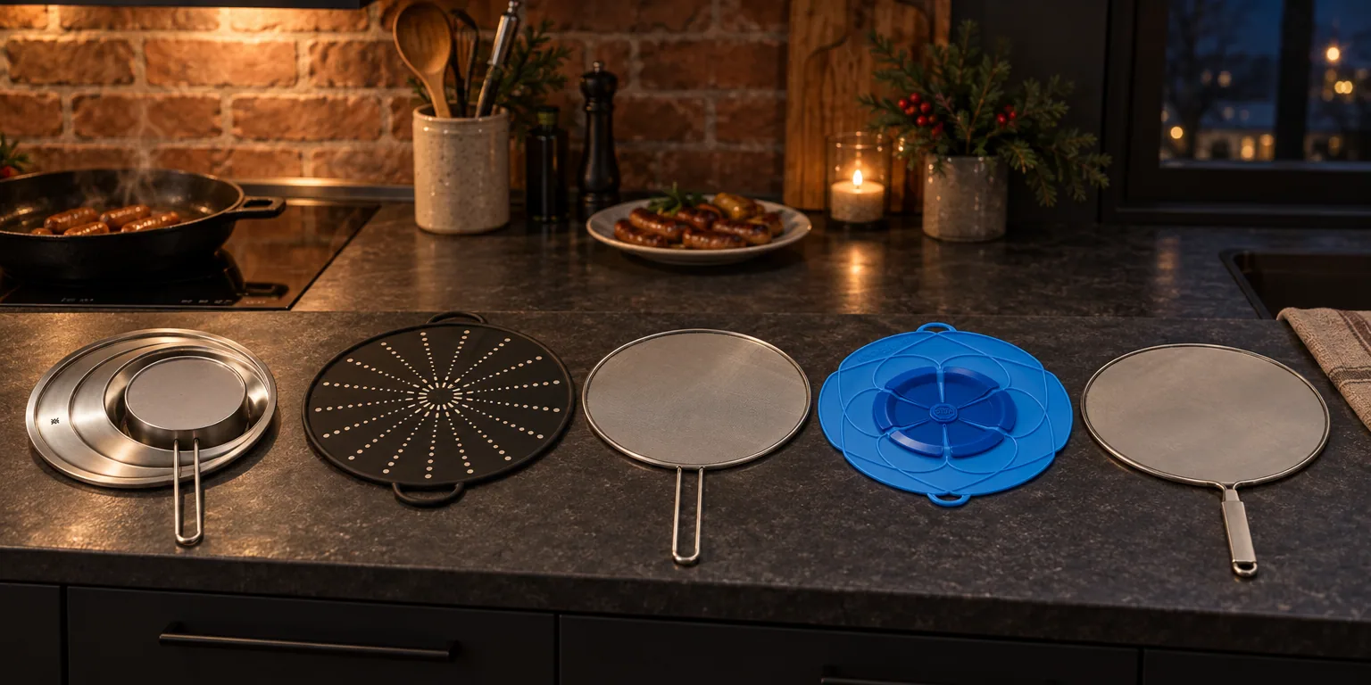 Testvinnarna från testet av stänkskydd stekpanna: WMF Stänklock 28 cm, EMSA Smart Kitchen Stänklock 31 cm, Funktion Stänklock 30 cm, Kochblume Flower L 29 cm, Metaltex Fritto 29 cm
