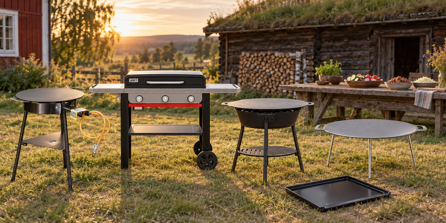 Testvinnarna från testet av stekhäll: Hällmark Stekhäll V2 Set 58 cm, Weber Slate GPD 71 cm, Muurikka Stekhällsset Gasol LL 78 cm, Muurikka Stekhäll med ben 58 cm, Broil King Stekplatta Baron Crown