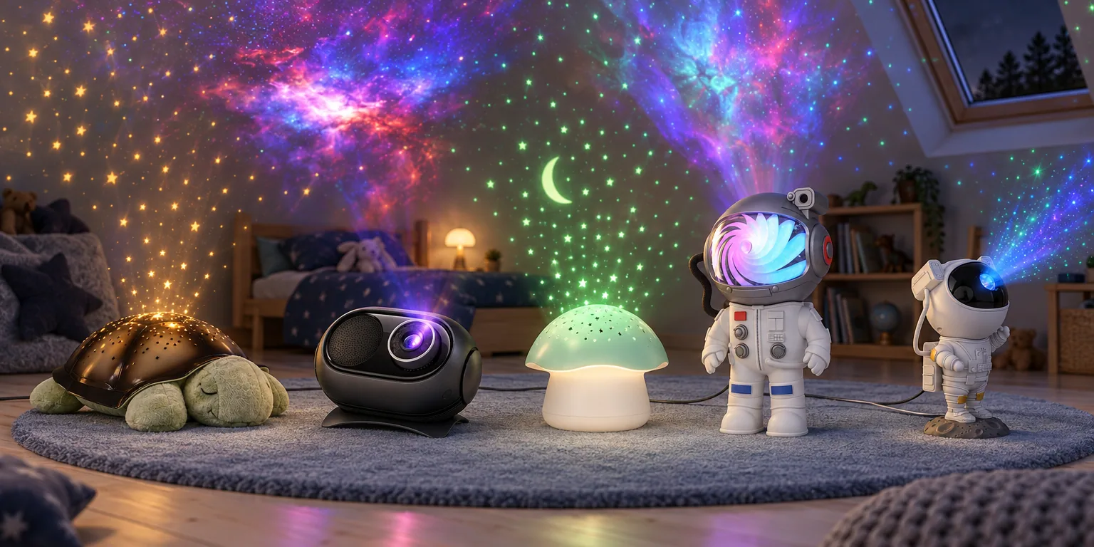 Testvinnarna från testet av stjärnhimmel lampa: Cloud B Twilight Turtle Classic, Govee Galaxy Light Projector 2 Pro, Pabobo Mushroom Stars Projector, MOB Stellar Light, Denver FL-34