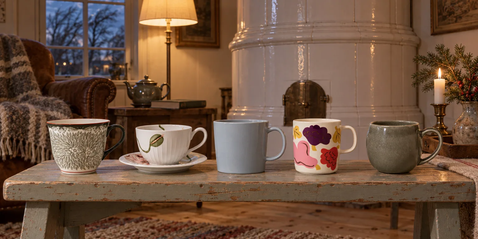 Testvinnarna från testet av stora tekoppar: Rörstrand Ostindia Floris Mugg 40 cl Grön, Kähler Hammershøi Poppy Tekopp med fat 38 cl, Iittala Teema Mugg 40 cl Pärlgrå, Marimekko Oiva Kukasta Kukkaan Mugg 40 cl, Broste Copenhagen Nordic Rain Tekopp 45 cl