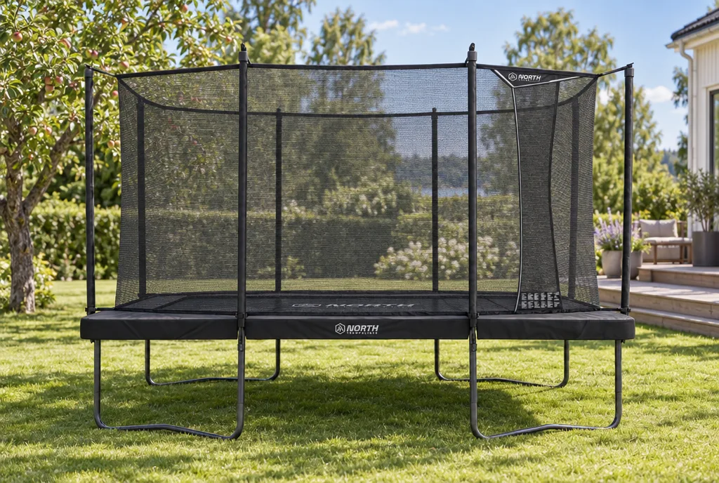 testx.se testar North Pioneer 370 × 250 cm + skyddsnät: bästa rektangulära studsmattan i vardagsmiljö
