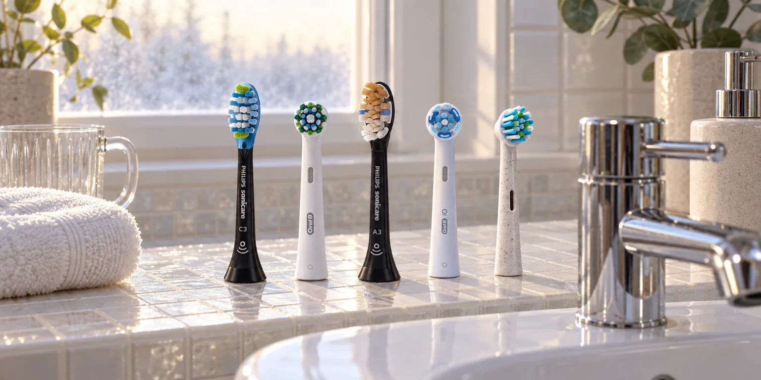 Testvinnarna från testet av tandborsthuvud: Philips Sonicare C3 Premium Plaque Defence 4-pack, Oral-B Pro CrossAction 10-pack, Philips Sonicare A3 Premium All-in-One 2-pack, Oral-B iO Ultimate Clean 6-pack, The Humble Co. växtbaserade huvuden till Oral-B 4-pack