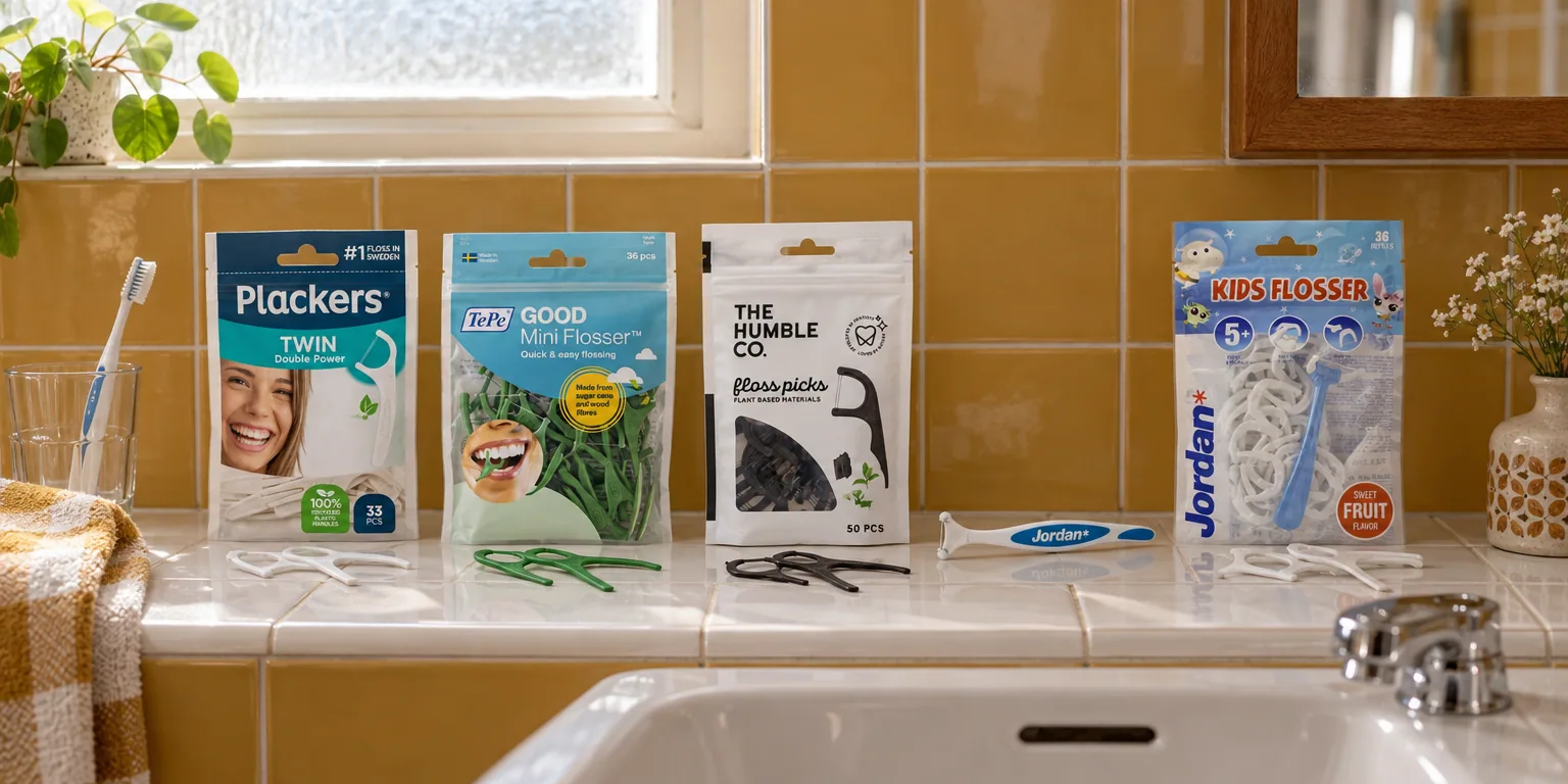 Testvinnarna från testet av tandtrådsbygel: Plackers Twin 33-pack, TePe GOOD Mini Flosser 36-pack, The Humble Co. Floss Picks Charcoal 50-pack, Jordan Clinic Easy Clean Flosser, Jordan Kids Flosser 36-pack