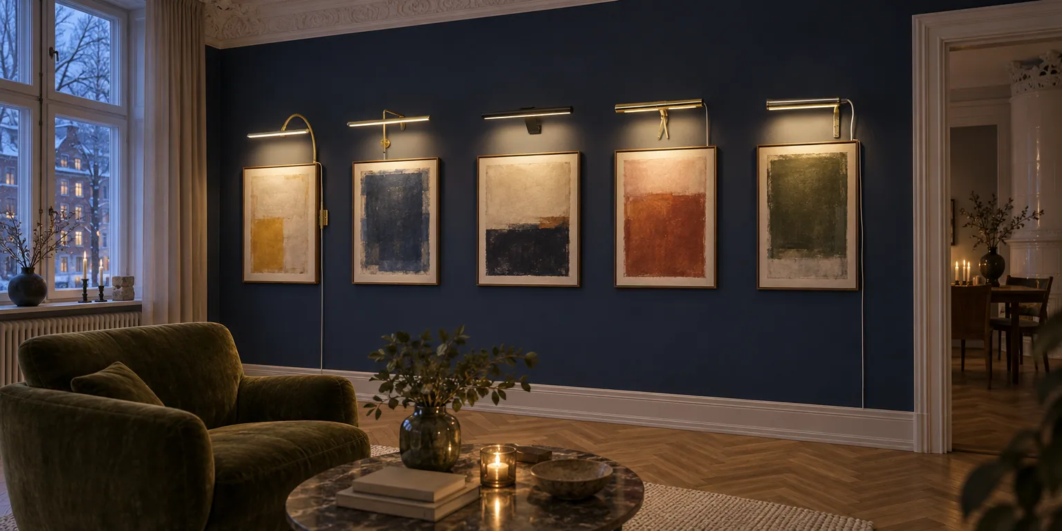Testvinnarna från testet av tavelbelysning: Aneta Miro 40 cm, Texa Design Gallery 60 cm, Unison uppladdningsbar LED 32 cm, Eklunds Metall Art 2, Aneta Picasso 23 cm