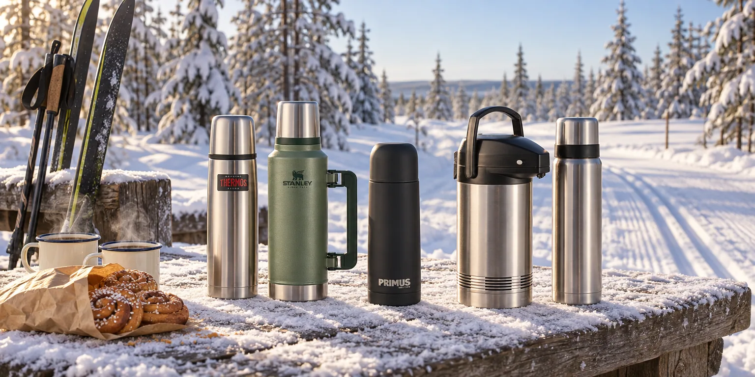 Testvinnarna från testet av termos: Thermos Light & Compact 0,5 l, Stanley Classic Legendary 1,9 l, Primus Classic Light 0,75 l, Tefal President pumptermos 3 l, Vildmark Ståltermos 0,5 l