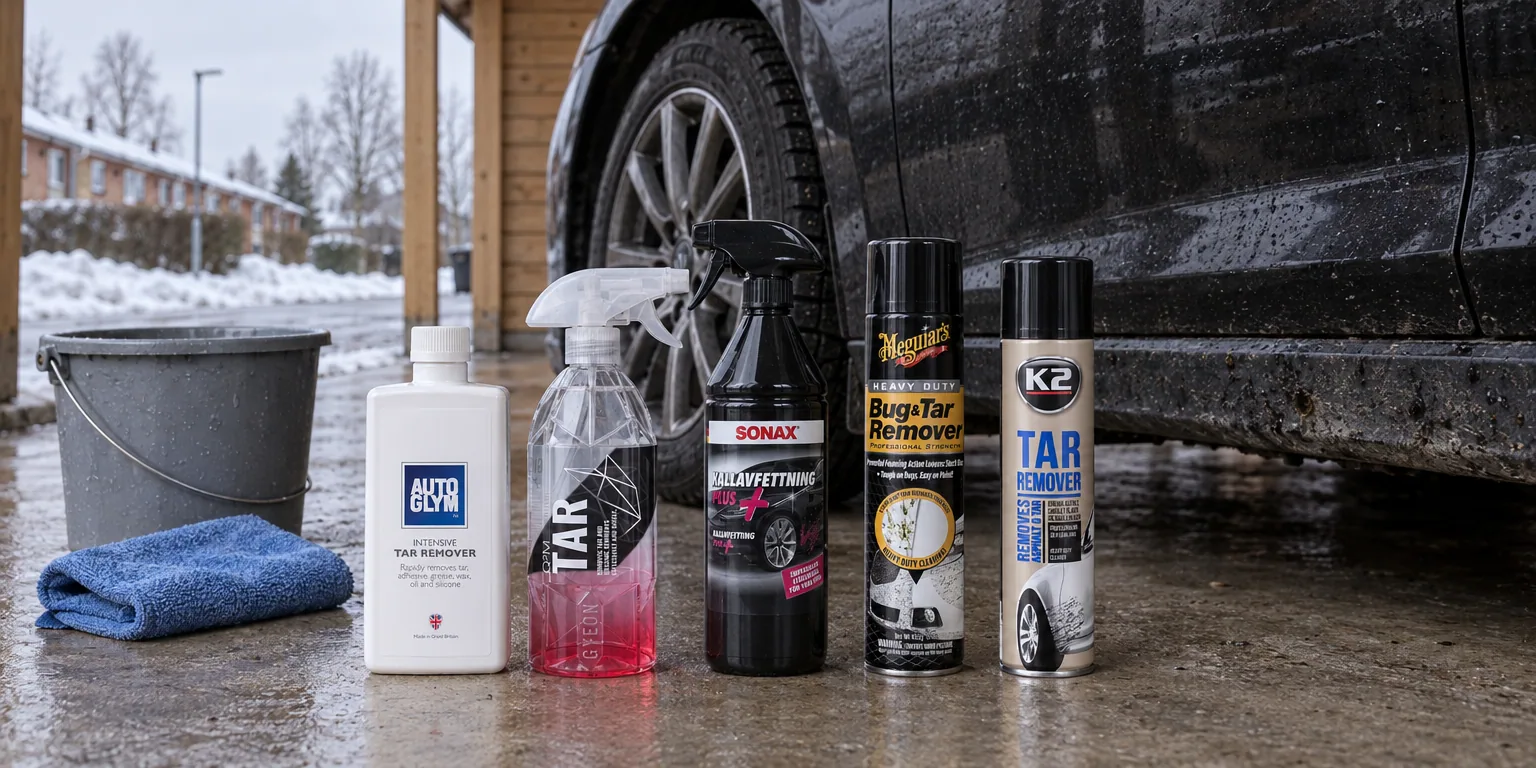 Testvinnarna från testet av tjärlösare: Autoglym Intensive Tar Remover, Gyeon Q²M Tar Redefined, Sonax Kallavfettning Plus, Meguiar's Heavy Duty Bug & Tar Remover, K2 Tar Remover