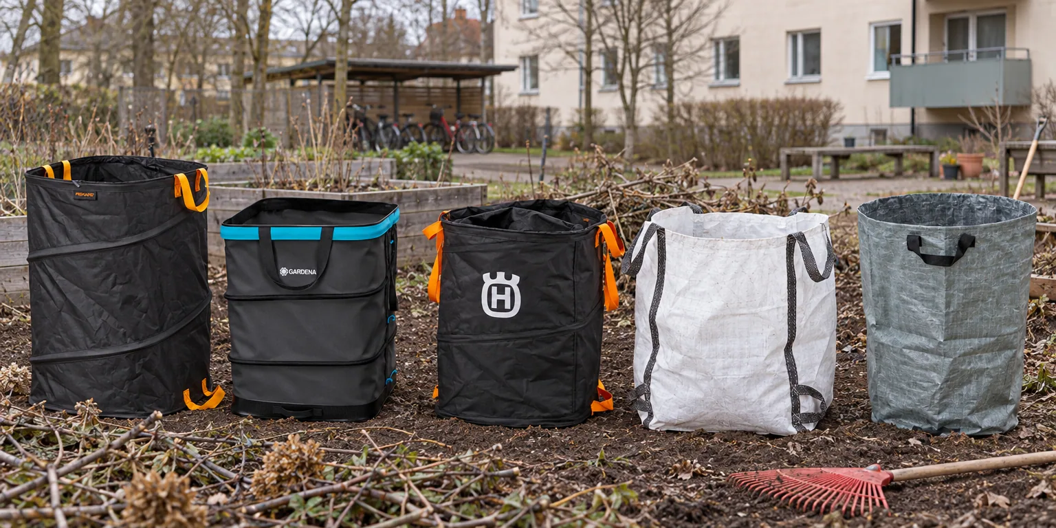 Testvinnarna från testet av trädgårdssäck: Fiskars Ergo Pop-Up M 175 l, Gardena PopUp L 220 l, Husqvarna Pop-up-säck 220 l, Nelson Garden WasteBag 270 l, Green>it Hopfällbar säck 270 l