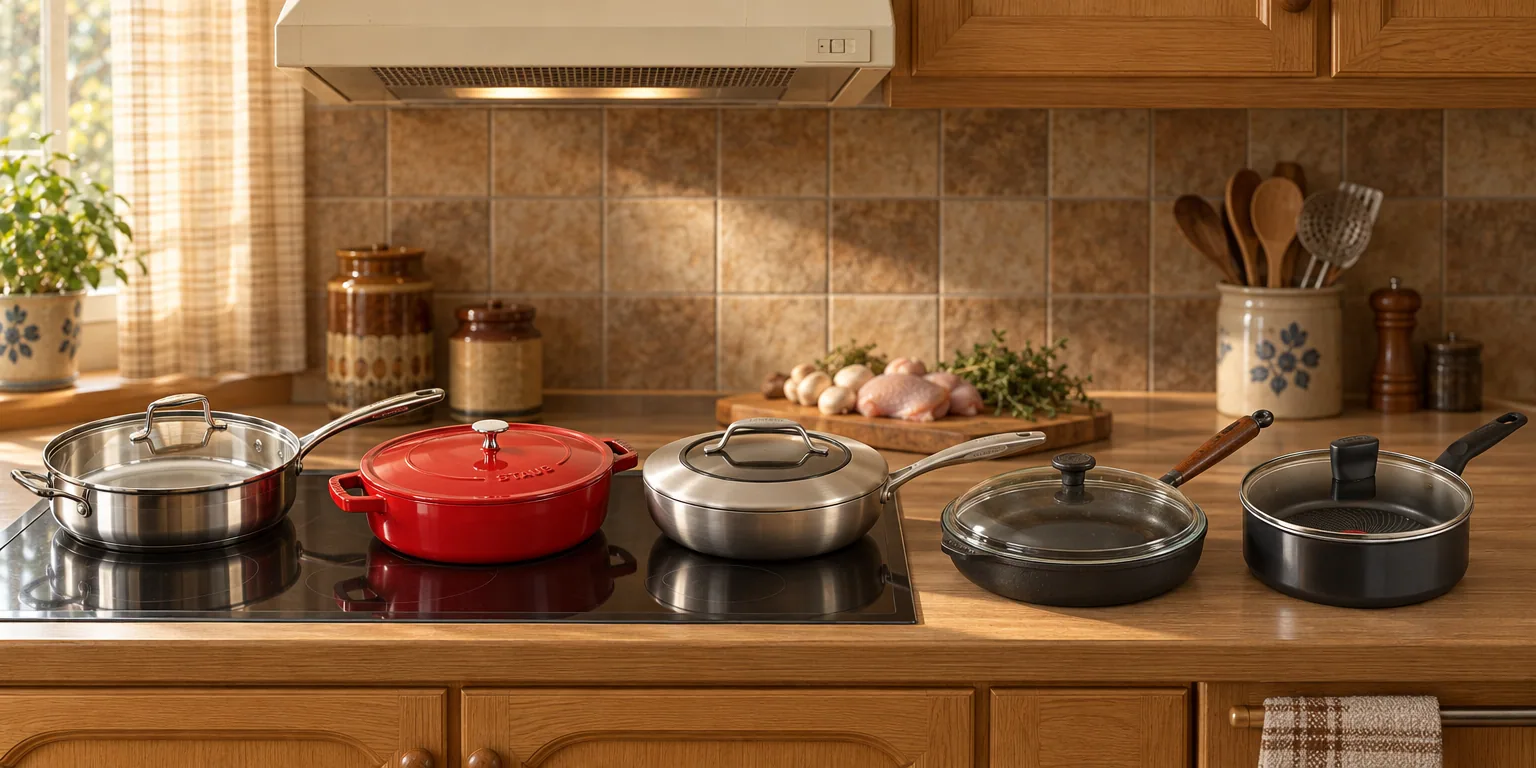 Testvinnarna från testet av traktörpanna: Scanpan Impact med lock 28 cm, Staub Chistera 28 cm, Scanpan CTX med lock 28 cm, Skeppshult Traditional med lock 28 cm, Tefal Start Easy med lock 24 cm