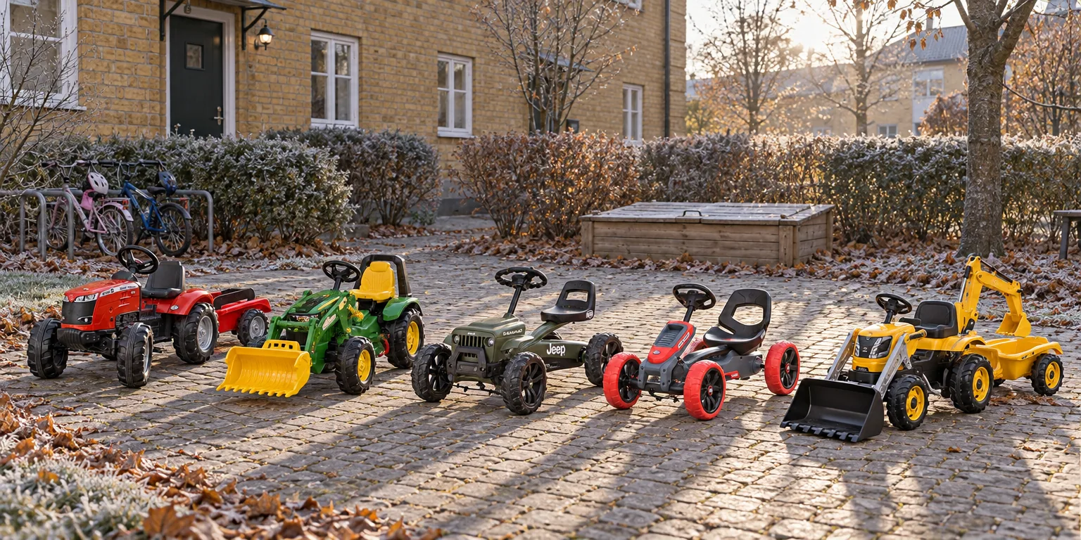 Testvinnarna från testet av trampbil: Falk Massey Ferguson S8740 med släp, Rolly Toys rollyX-Trac Premium John Deere 8400R, BERG Jeep Buzzy Sahara, BERG Reppy Rebel, Smoby Builder Max med släp