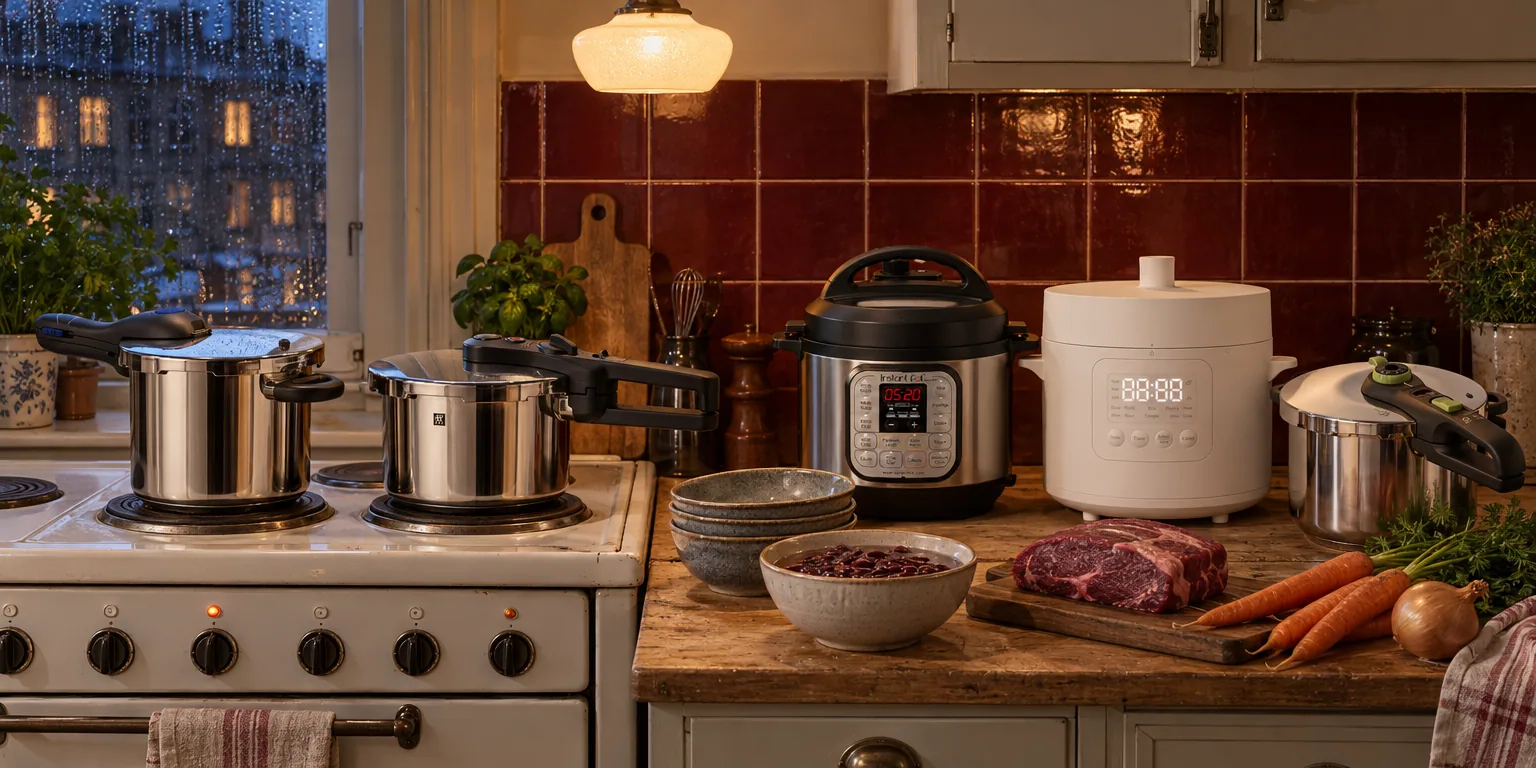 Testvinnarna från testet av tryckkokare: WMF Perfect Plus 8,5 l, Zwilling EcoQuick II 6 l, Instant Pot Duo Mini 3 l, Xiaomi elektrisk tryckkokare 4,8 l, Tefal Secure Trendy 6 l