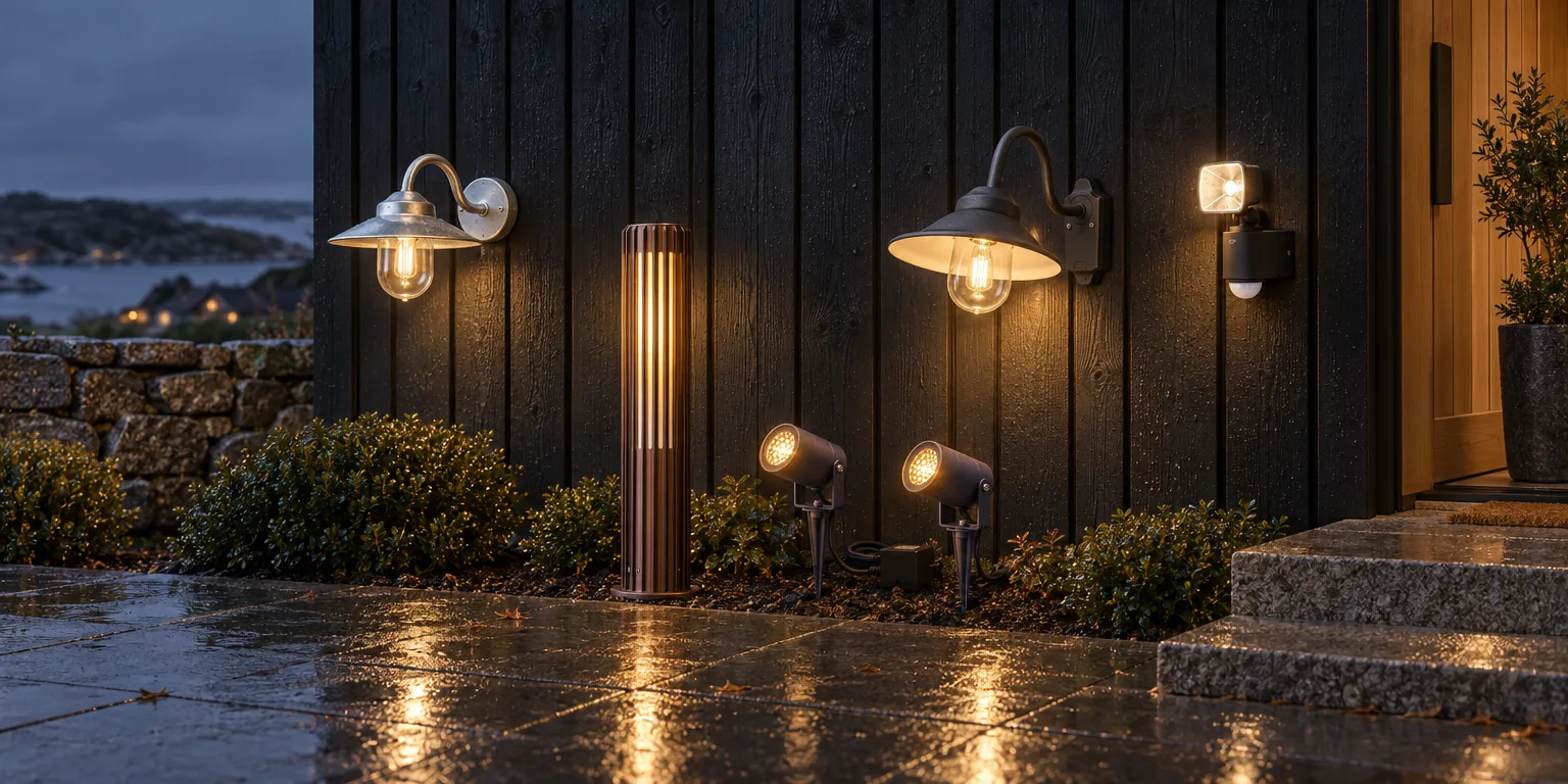 Testvinnarna från testet av utebelysning: Norlys Karlstad 230 galvaniserad, Nordlux Aludra 45, LightsOn Luna 2-pack, Konstsmide Vega vägglykta, GP Safeguard RF1.2+