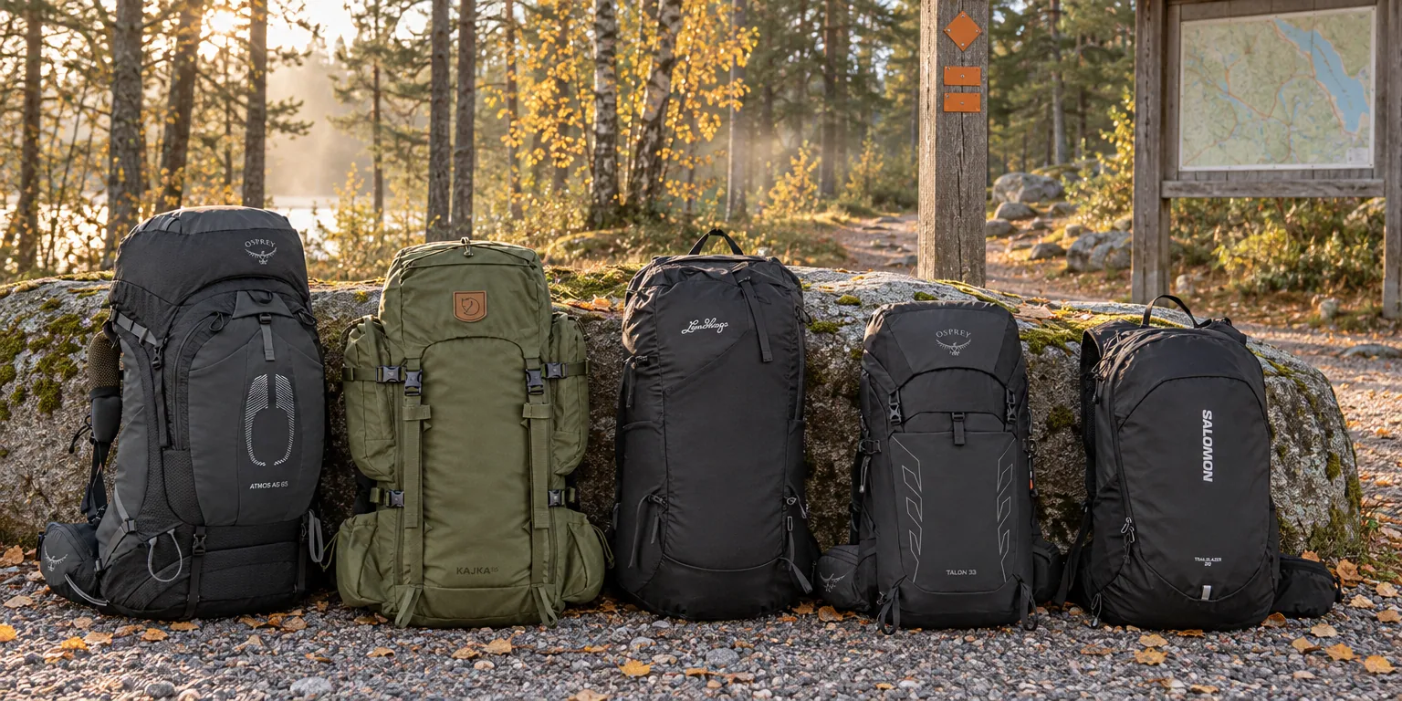 Testvinnarna från testet av vandringsryggsäck: Osprey Atmos AG 65 L/XL, Fjällräven Kajka 55 M/L, Lundhags Padje Light 45 L, Osprey Talon 33 L, Salomon Trailblazer 20 L