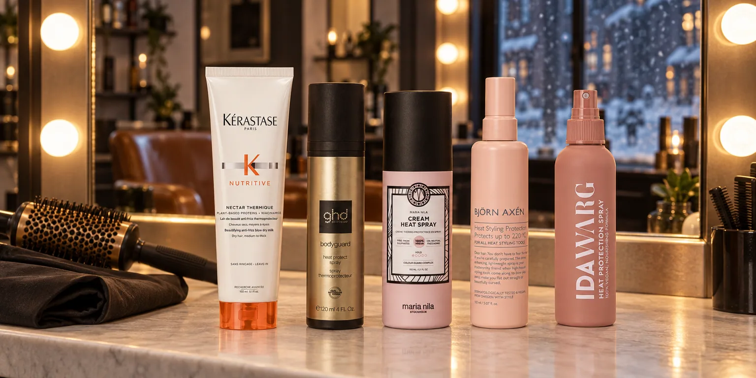 Testvinnarna från testet av värmeskydd: Kérastase Nutritive Nectar Thermique, GHD Bodyguard Heat Protect Spray, Maria Nila Cream Heat Spray, Björn Axén Heat Styling Protection, Ida Warg Heat Protection Spray