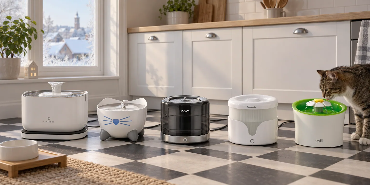 Testvinnarna från testet av vattenfontän katt: Petlibro Dockstream batteridriven, Catit Pixi Smart, MOVA WF20 Pro, Panasonic CP-JNW01, Catit Flower Fountain