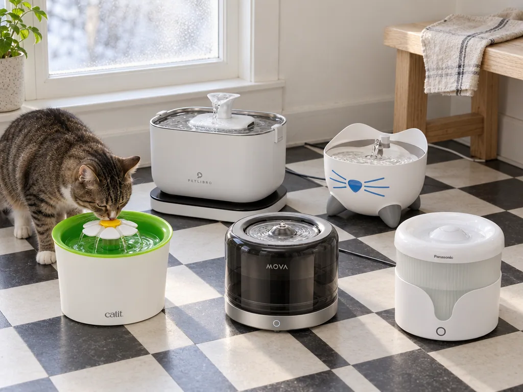 Olika sorters vattenfontän katt: de fem testade modellerna sida vid sida
