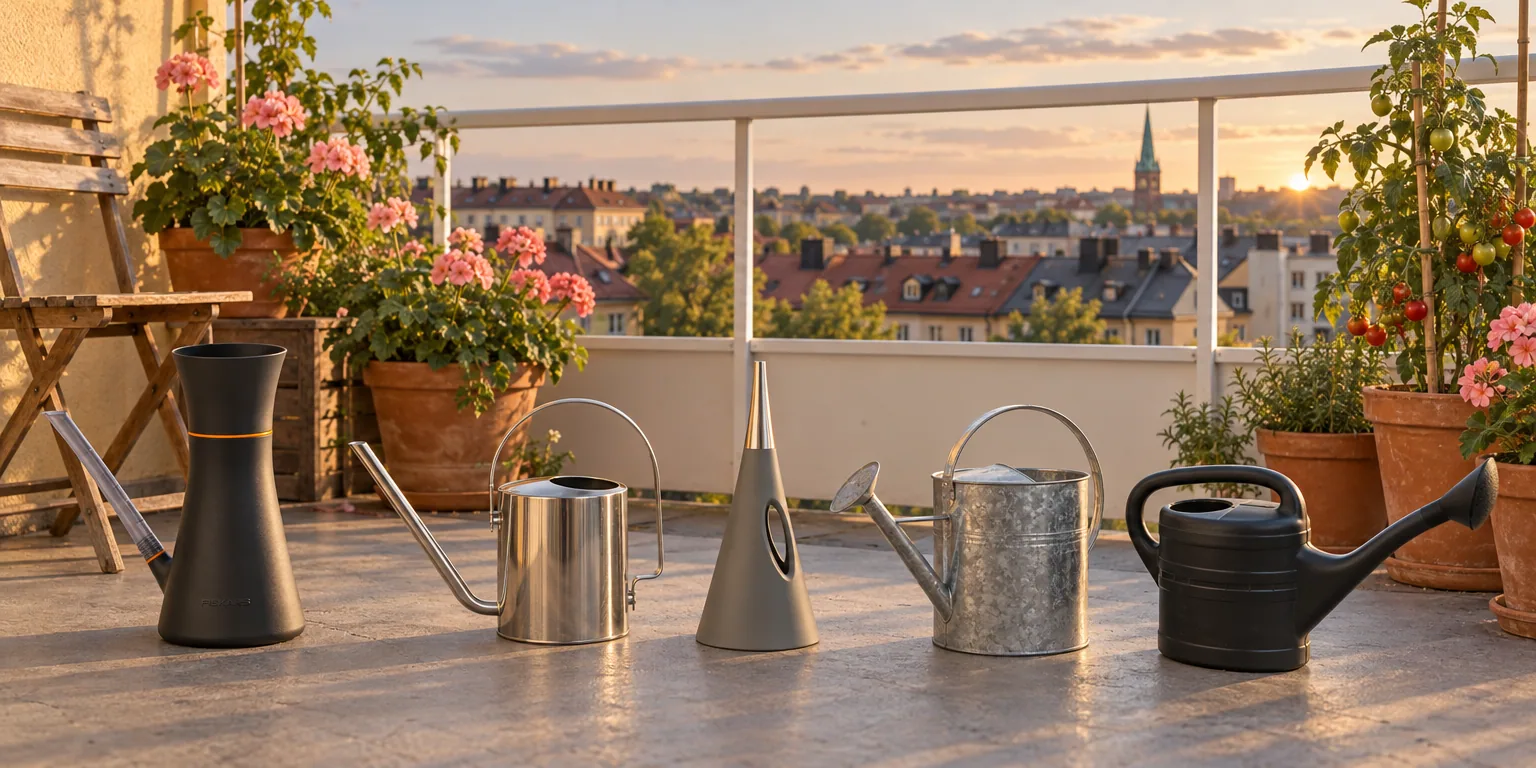 Testvinnarna från testet av vattenkanna: Fiskars Vattenkanna 1,2 l, Stelton Original vattenkanna 1,7 l, Eva Solo AquaStar 2 l, Home it Vattenkanna 10 l med spridare, Nyby Vattenkanna 10 l