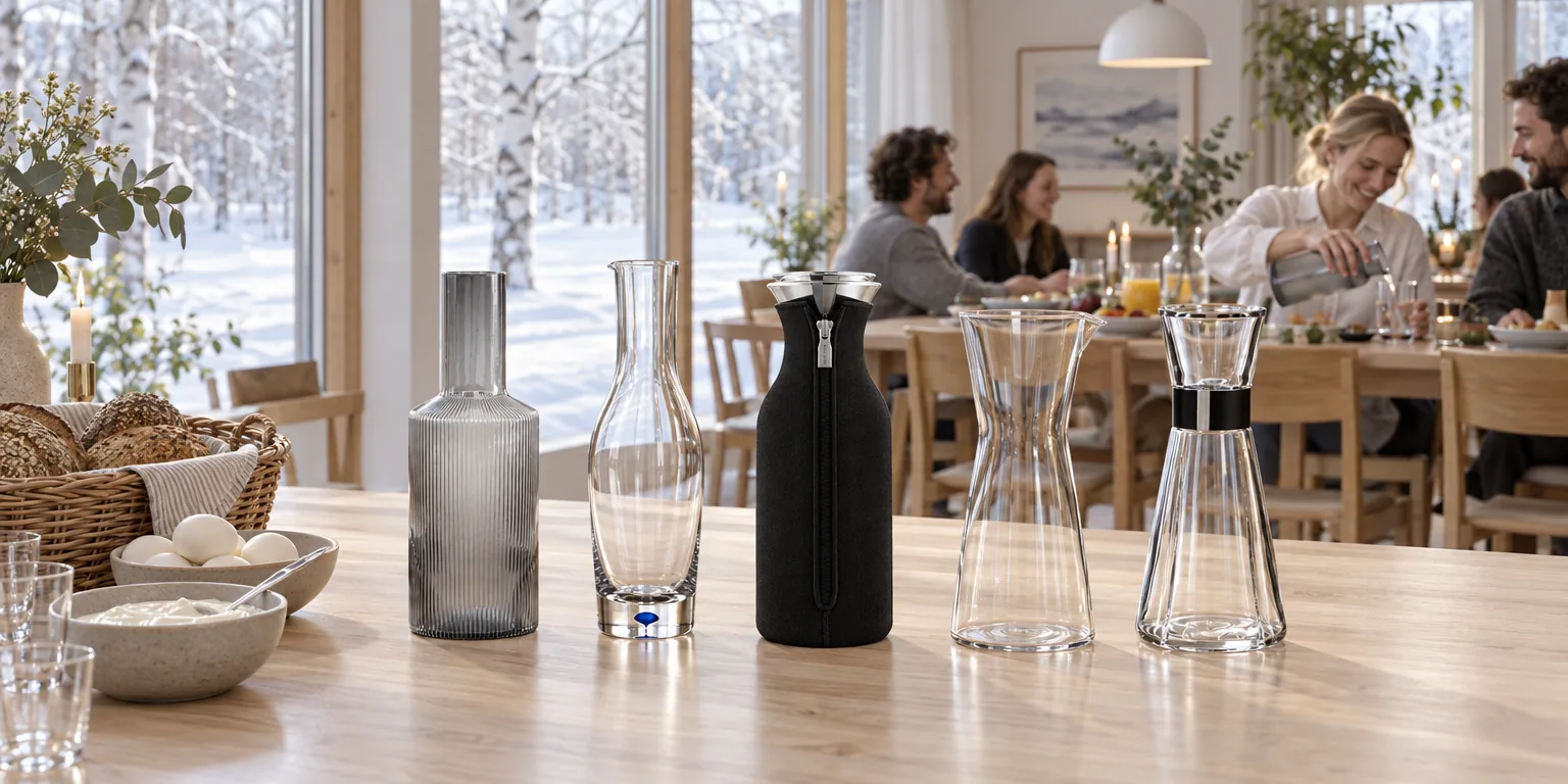 Testvinnarna från testet av vattenkaraff: ferm LIVING Ripple karaff 1 l, Orrefors Intermezzo karaff 112 cl, Eva Solo Fridge kylskåpskaraff 1 l svart, Iittala Kartio karaff 95 cl, Rosendahl Grand Cru vattenkaraff 0,9 l