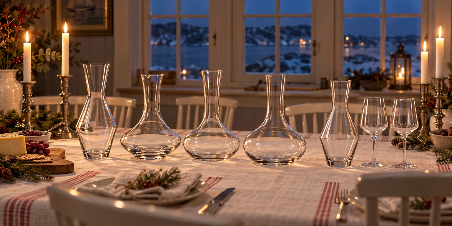 Testvinnarna från testet av vinkaraff: Riedel Veloce Vinkaraff 1.3L, Orrefors Difference Magnum Vinkaraff 3L, Holmegaard Cabernet Vinkaraff 1.7L, Sagaform Nature Vinkaraff 2L, Leonardo Puccini vinset 3 delar