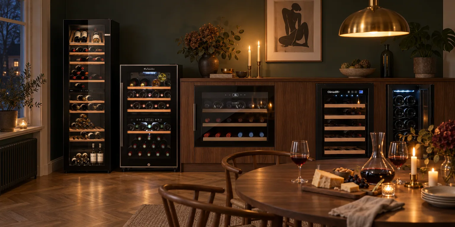 Testvinnarna från testet av vinkyl: Caso WineSafe 18 EB, Bosch KWK36ABGA, La Sommelière ECS51.2Z, Climadiff CBU51S2B, Adler AD 8083