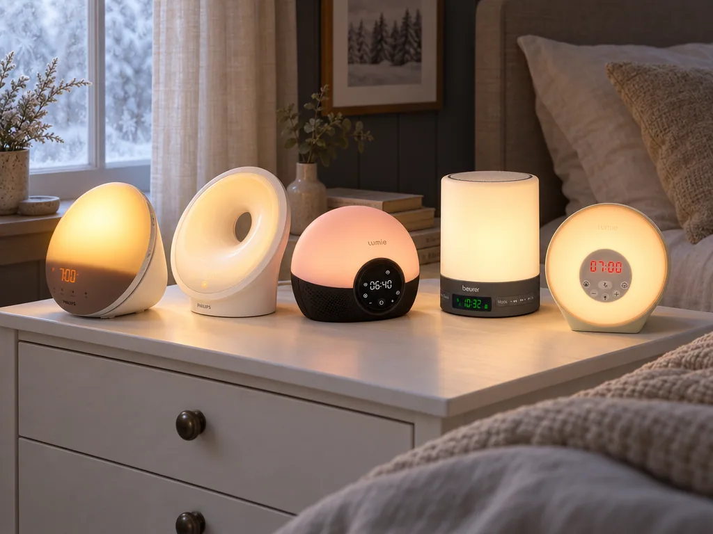 Olika sorters wake up light: de fem testade modellerna sida vid sida