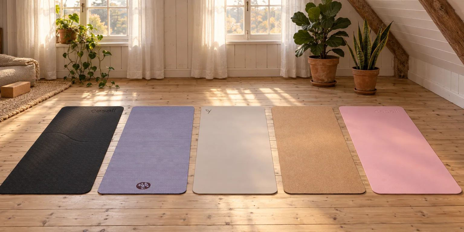 Testvinnarna från testet av yogamatta: Casall Yogamatta Position 4mm, Manduka PRO Yoga Mat 6mm, Yogiraj Natural Studio Mat 6mm, Atom Yogamatta Kork 4 mm, Casall Yoga Mat Essential Balance 4mm