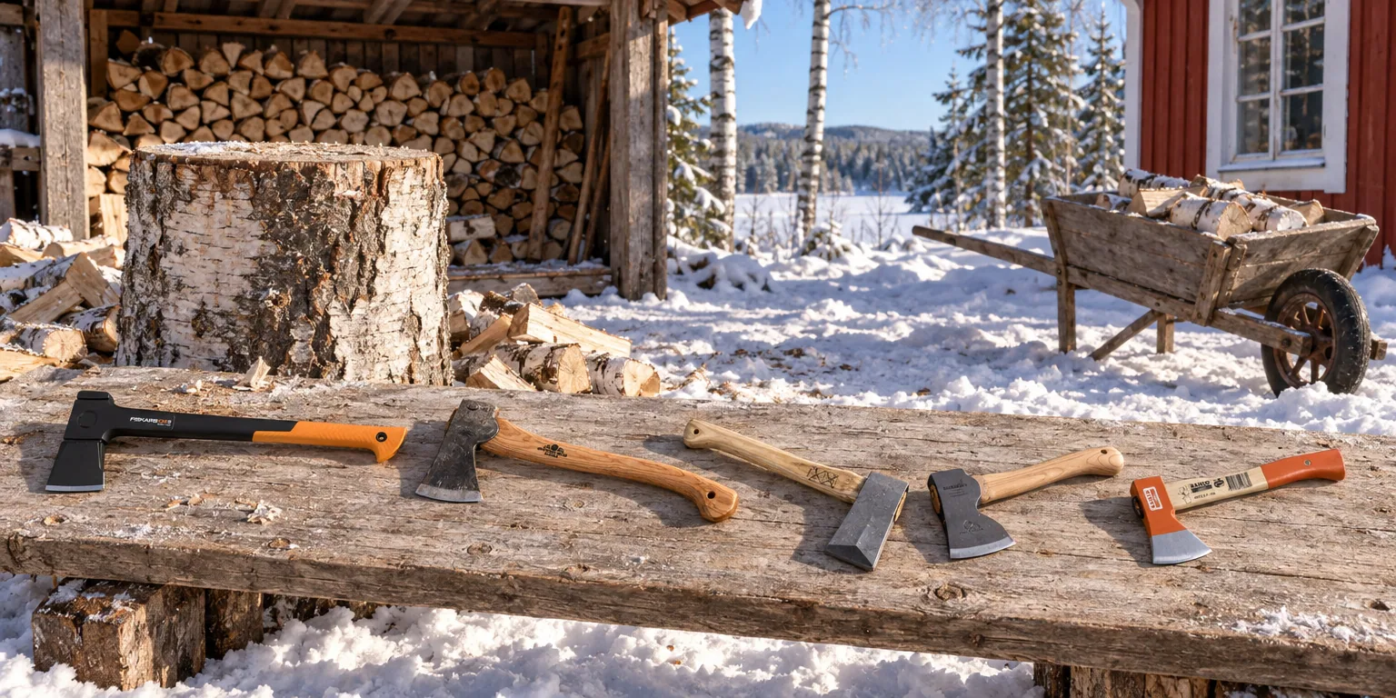 Testvinnarna från testet av yxa: Fiskars X-series X24 M, Gränsfors Liten skogsyxa 420, Hultafors KLY 7-0,9 SV, Hultafors SY 21-1,0 SV, Bahco HGPS-0.6-360
